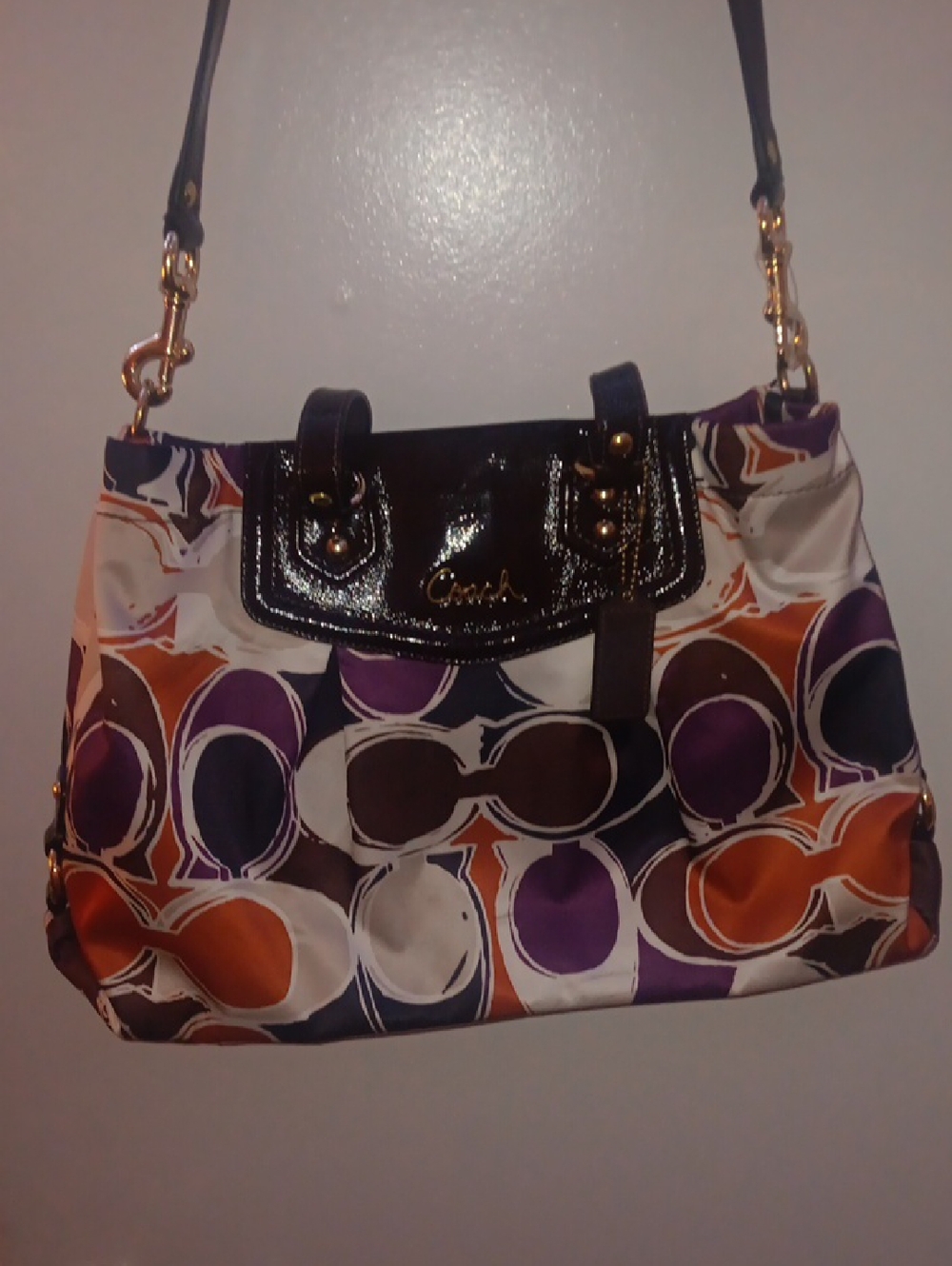 Coach Multicolor Circle Print Shoulder Bag with Black Patent Trim